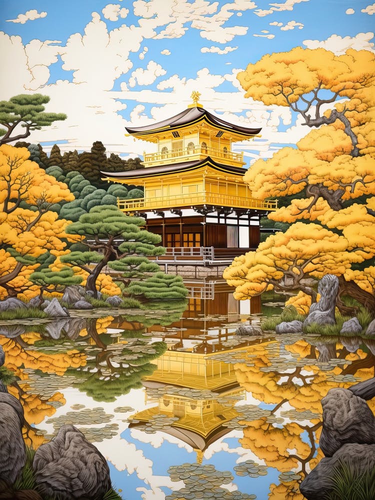Kinkaku Ji (Golden Pavilion) In Kyoto, Ukiyo E Drawing 4