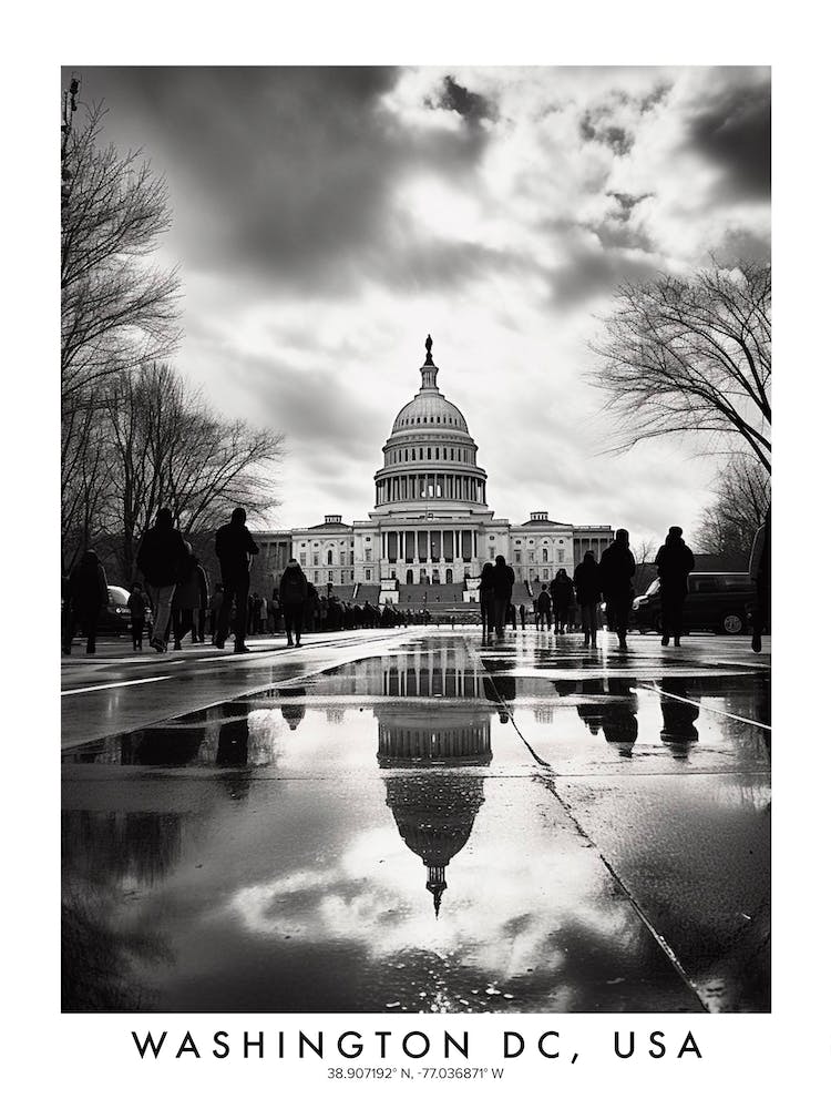 Poster Of Washington Dc, Usa, Black And White Analogue Photograph 1