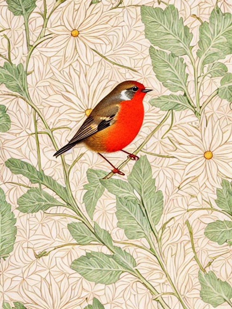 European Robin 2 William Morris Style Bird