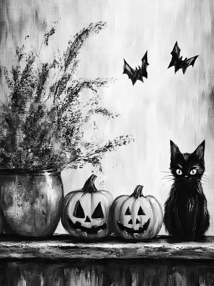 Halloween Cat And Pumpkins 1