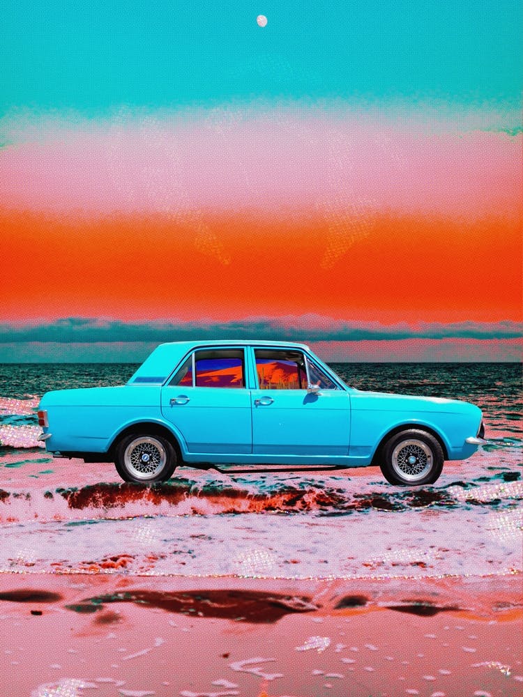 Vintage Car Teal Orange Beach