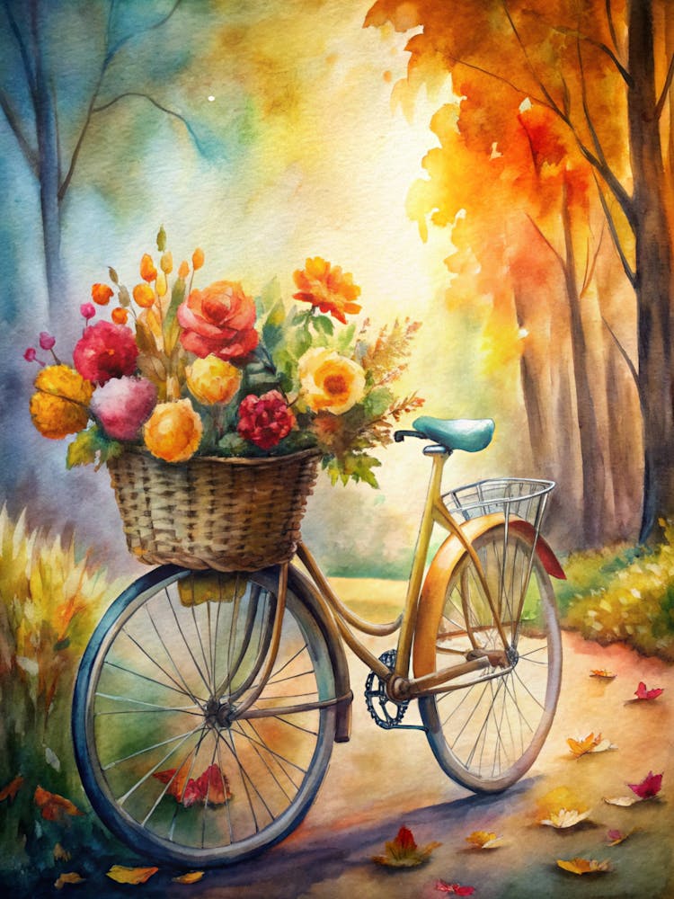 Ein Korb frischer Blumen auf einem Fahrrad umgeben (1)