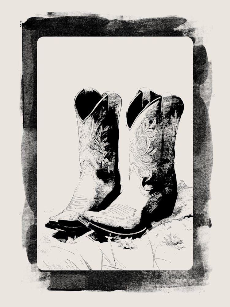 Cowgirl Boots in Black, Southern Girl Art, y2k, College Art, Dorm Decor