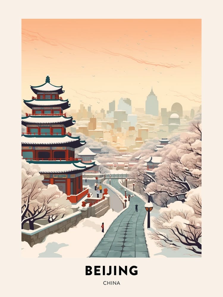 Vintage Winter Travel Poster Beijing China 2