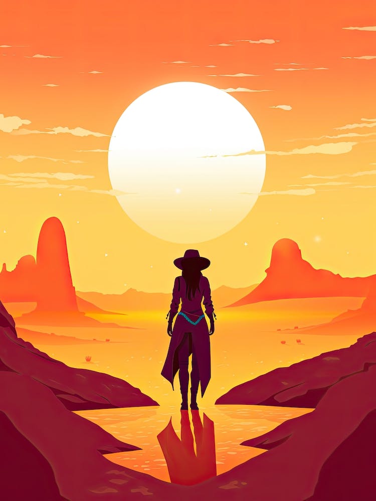 Cowgirl Riding A Horse In The Desert Orange Tones Illustration 12