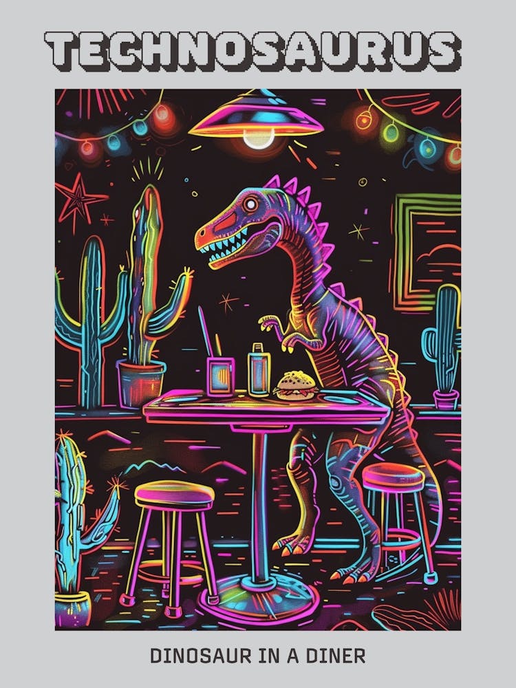 Neon-Dinosaurier in einem Diner Poster