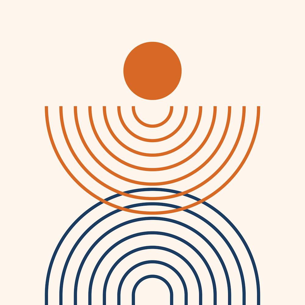 Midcentury Modern Rainbow Arch Sun Abstract A11 In Navy Blue And Burnt Orange 02