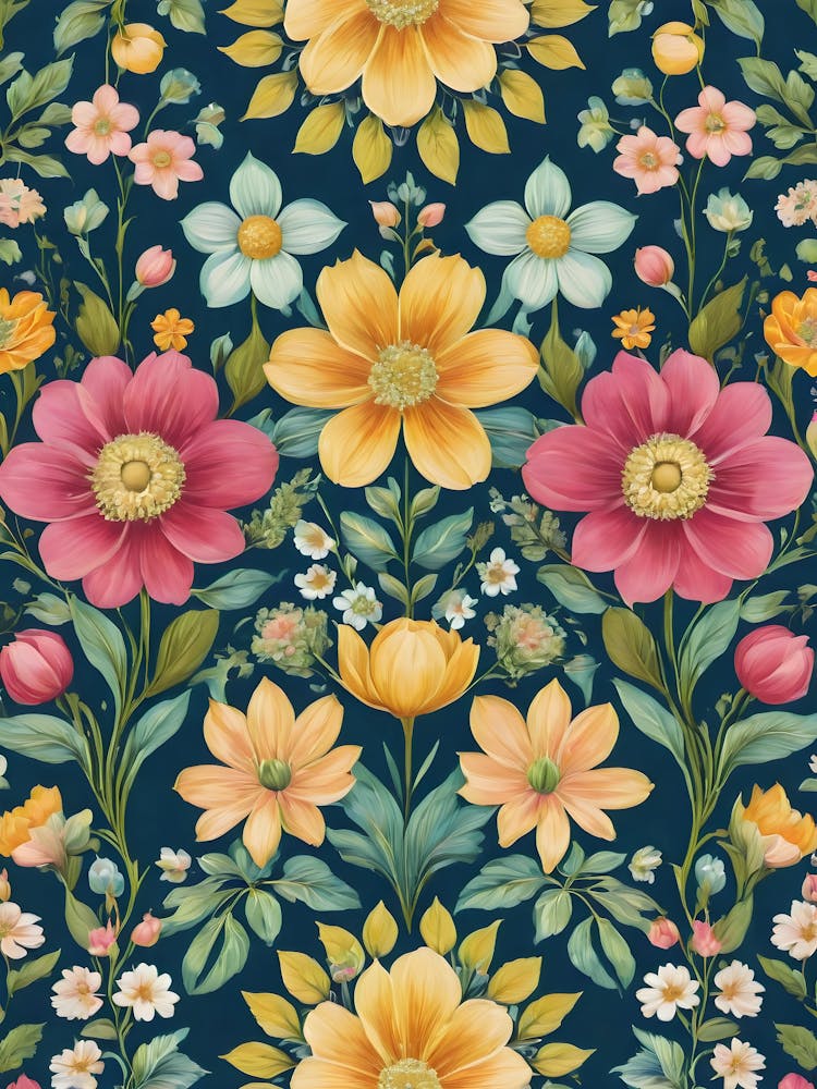 Painted Spring and Summer Flowers Boho Pattern - Navy Background Pink Yellow Blue Pastels Bohemian Wallpaper Art Like Amy Butler and William Morris Fabric Print For Lunar Pagan Gallery Feature Wall Floral Botanical Luna Lover HD
