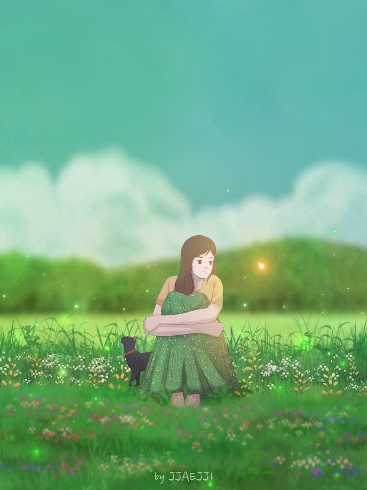 Spring girl Hugging Cat green season