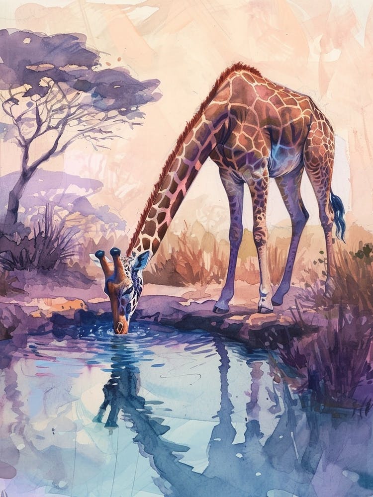 Giraffe By The Watering Hole Watercolour Illustration 1