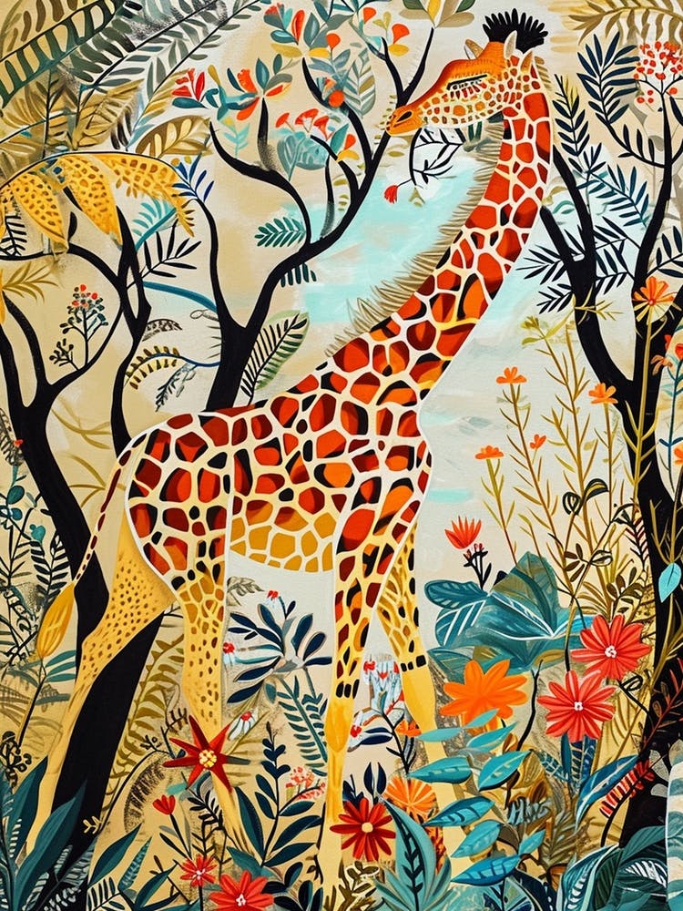 Giraffe In The Wild Leaf Illustration 3