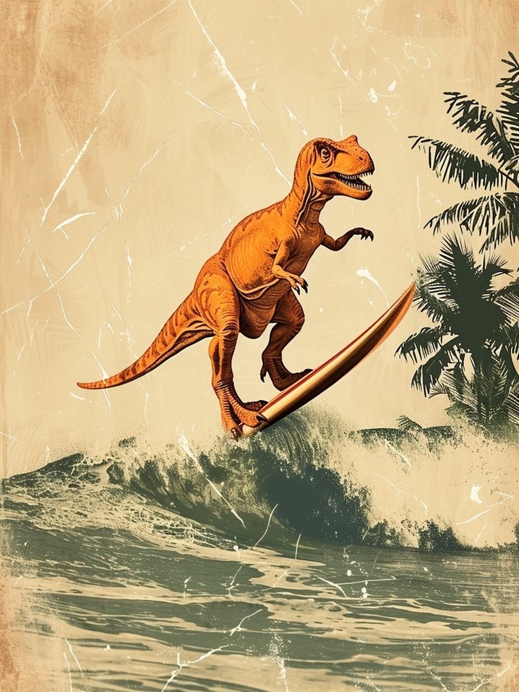 Vintage Carnotaurus Dinosaur On A Surf Board 3