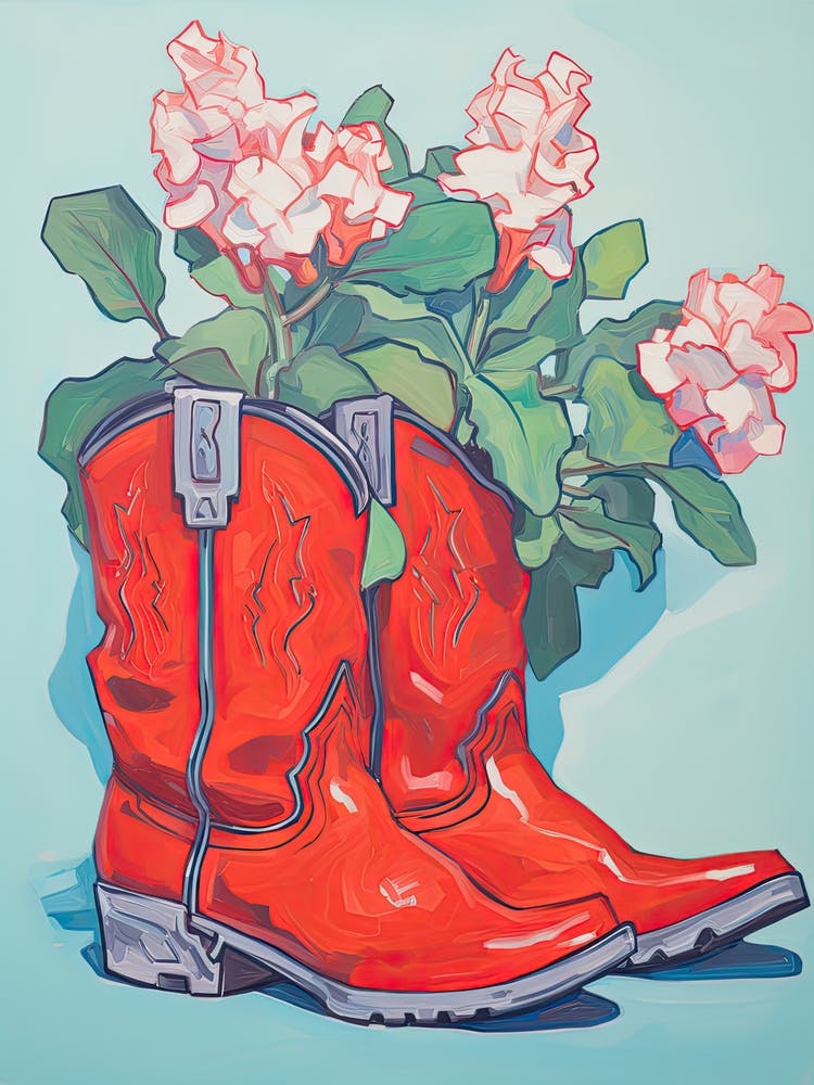 A Painting Of Cowboy Boots With Pink Flowers, Fauvist Style, Still Life 15