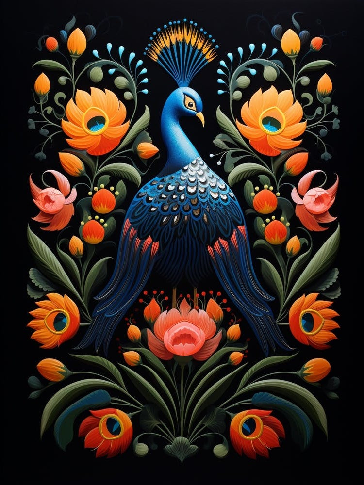 Folk Bird Illustration Peacock 2