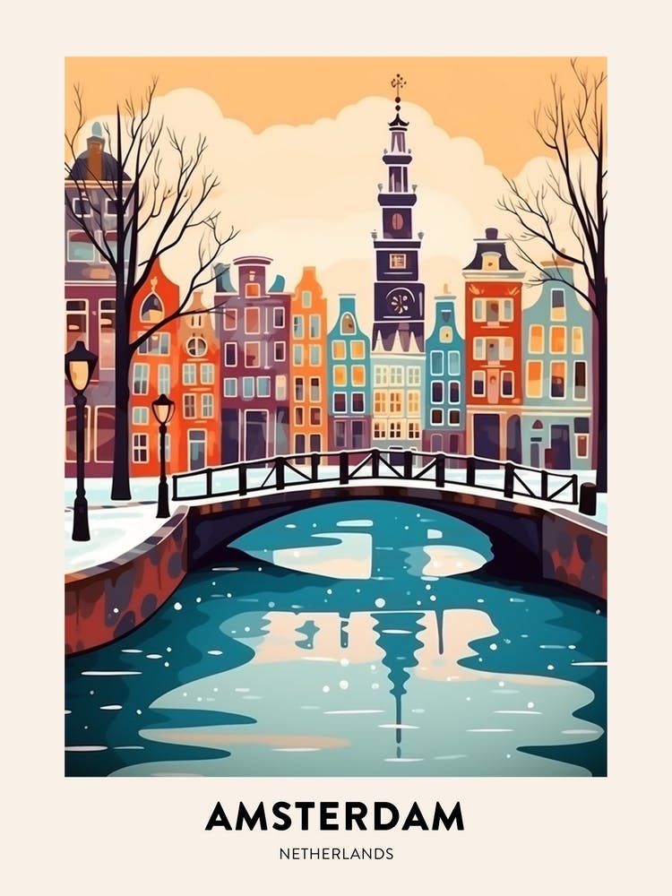 Vintage Winter Travel Poster Amsterdam Netherlands 4