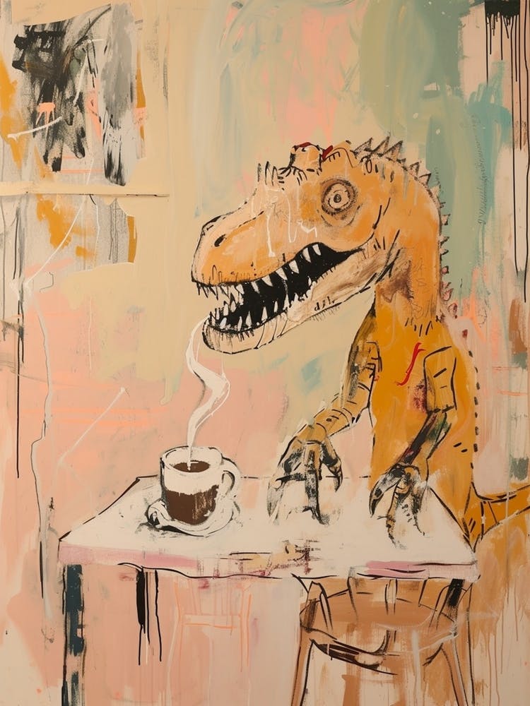 Graffiti-Stil Dinosaurier trinkt einen Kaffee in einem Café 3