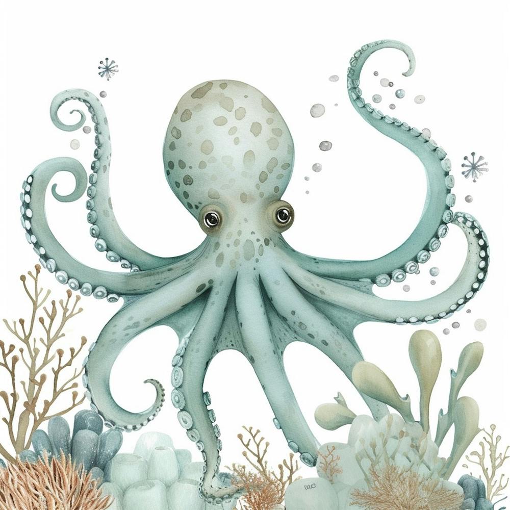 Cute Storybook Style Octopus Blue & White  3