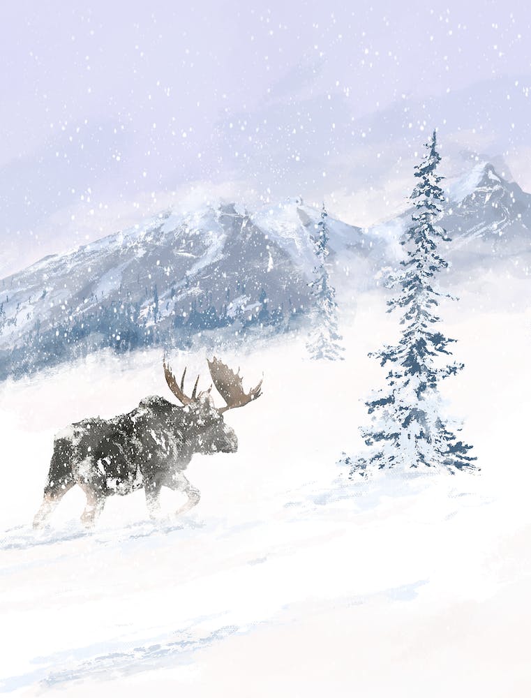 Elch im Schnee, Alpin, Berge, Landschaft, Illustration, Wandkunst
