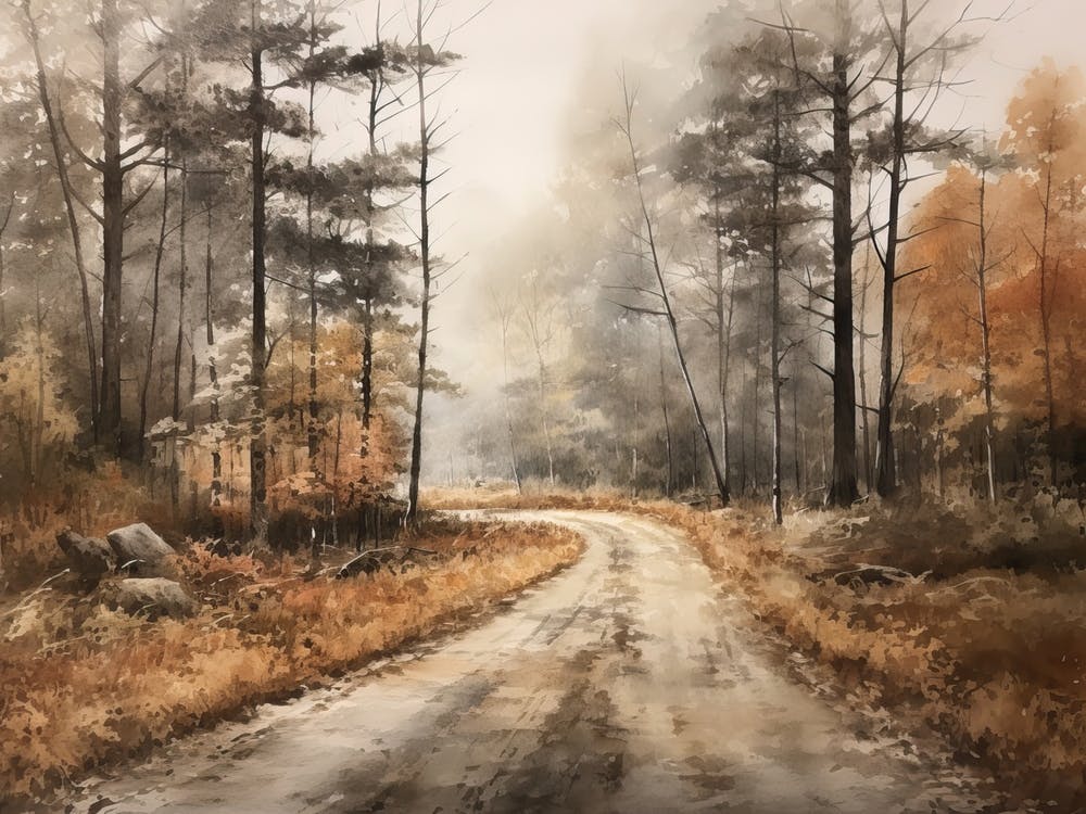 A Painting Of Country Road Through Woods In Autumn 36