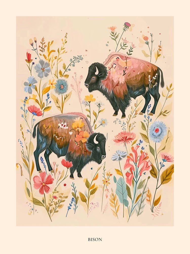 Folksy Floral Animal Drawing Bison 2 Poster