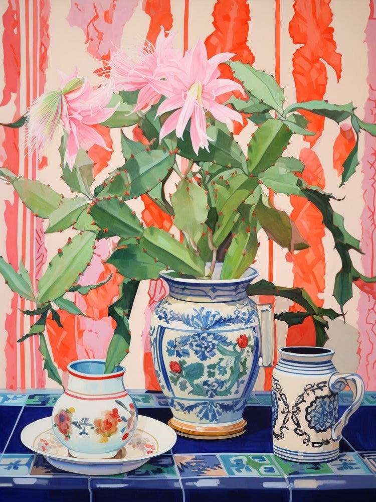 Cactus Painting Maximalist Still Life Christmas Cactus 2