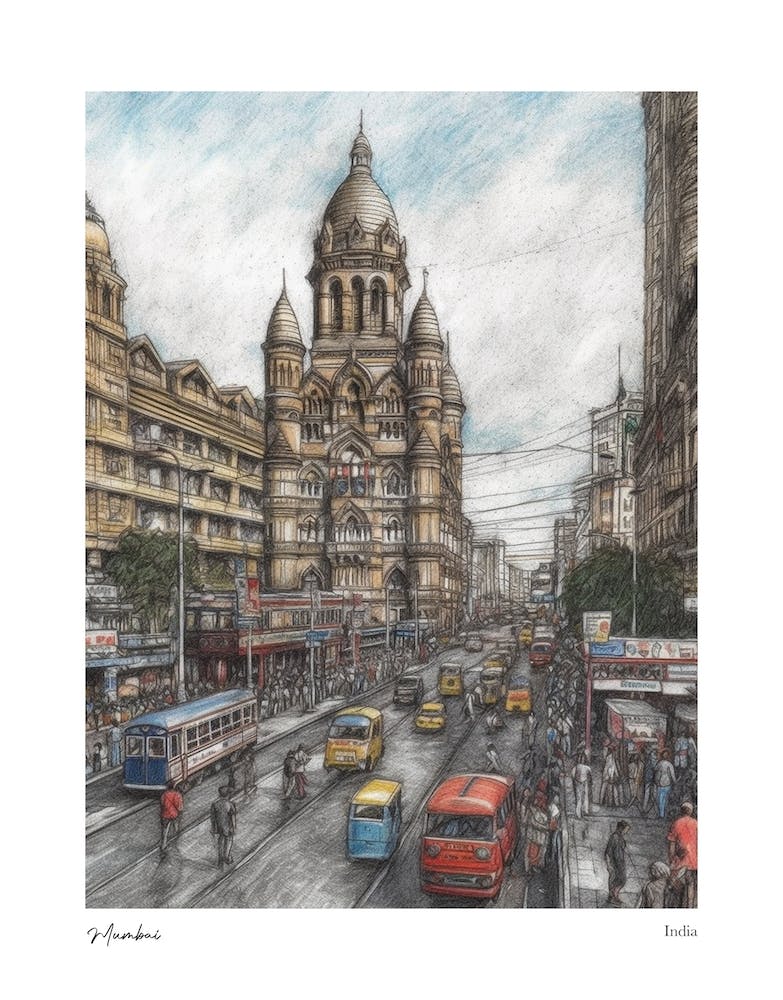 Mumbai India Drawing Pencil Style 3 Travel Poster