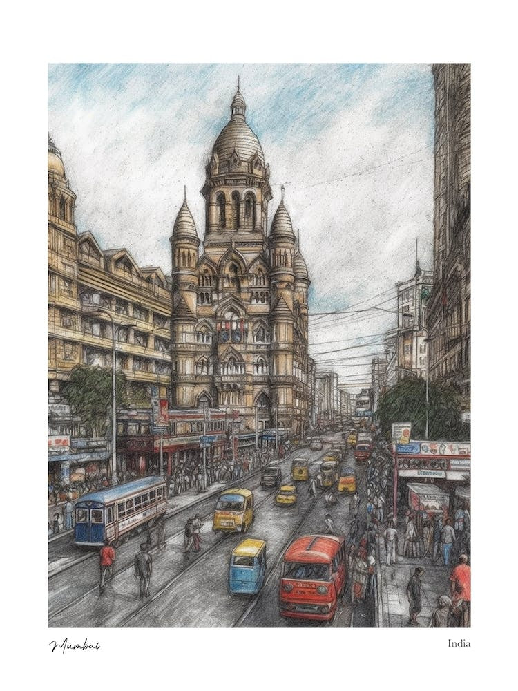 Mumbai India Drawing Pencil Style 3 Travel Poster