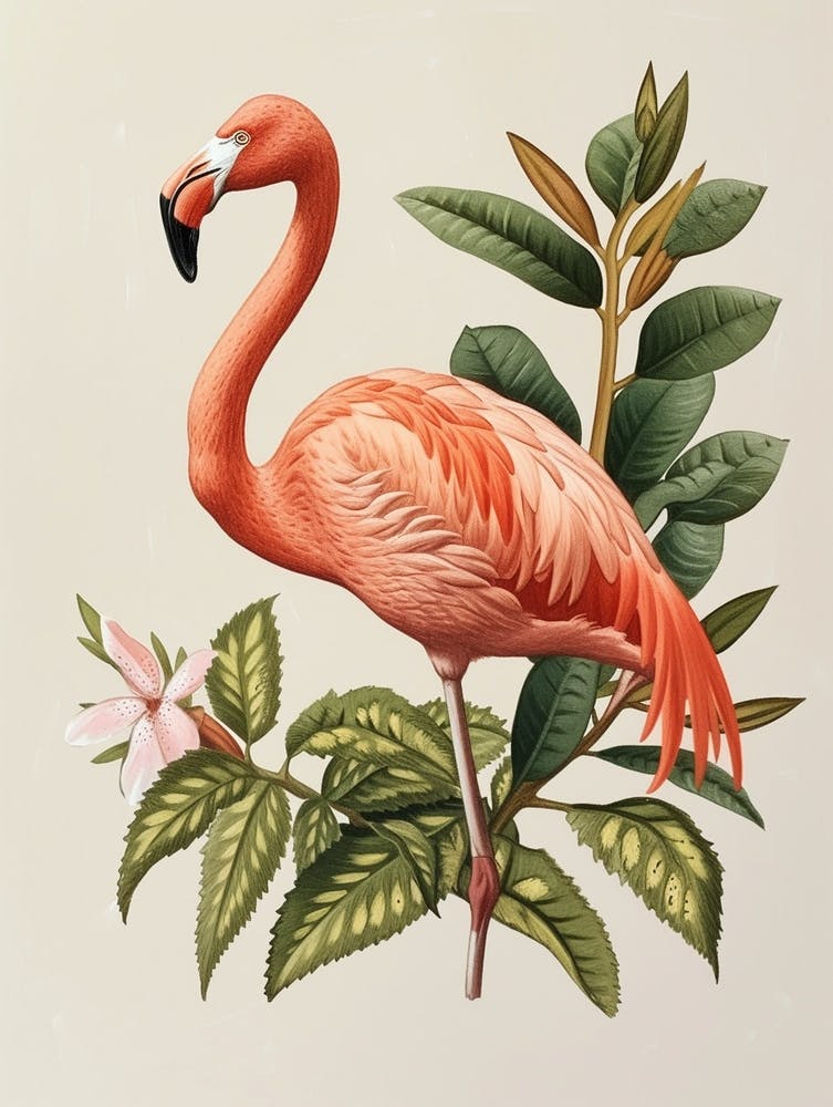 American Flamingo And Croton Plants Minimalist Illustration 3