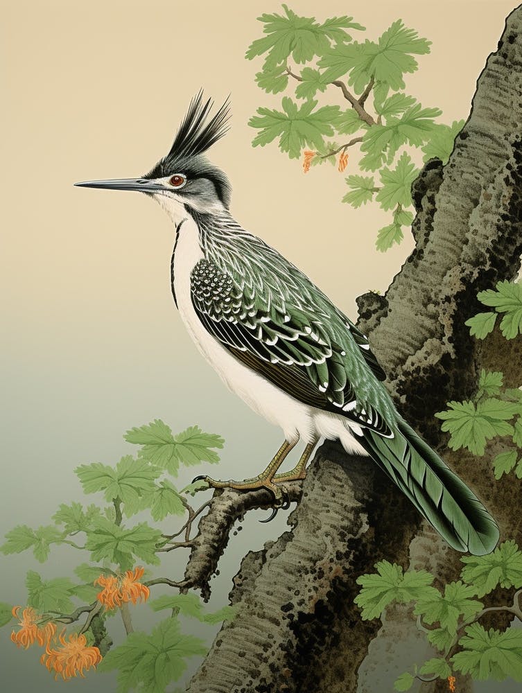 Ohara Koson Inspired Bird Painting Roadrunner 2