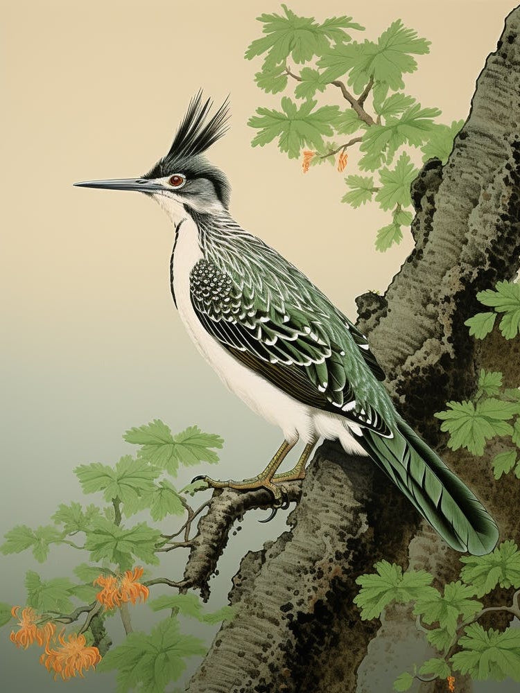 Ohara Koson Inspired Bird Painting Roadrunner 2