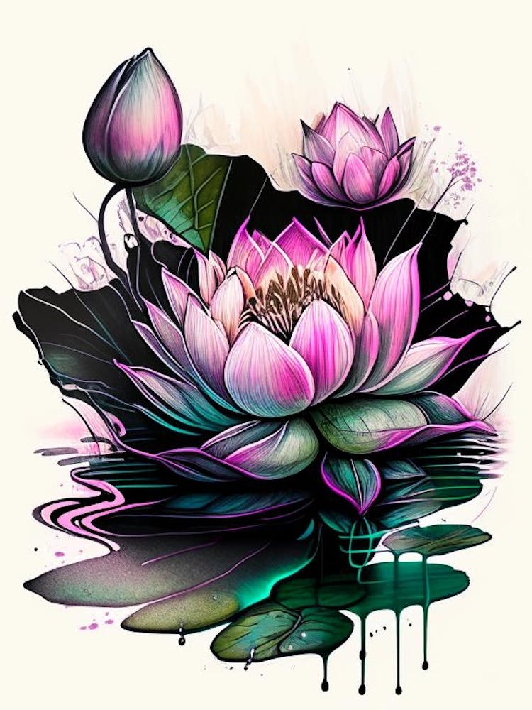Blooming Lotus Flower In Pond Graffiti 2
