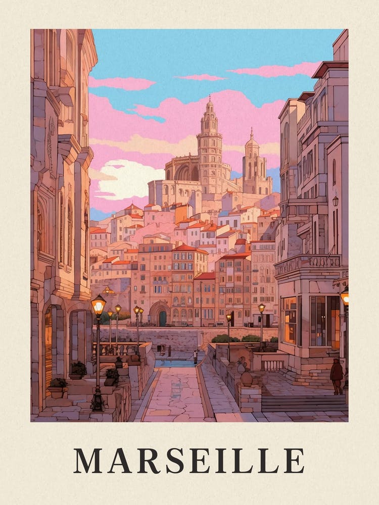 Marseille France 1 Vintage Pink Travel Illustration Poster