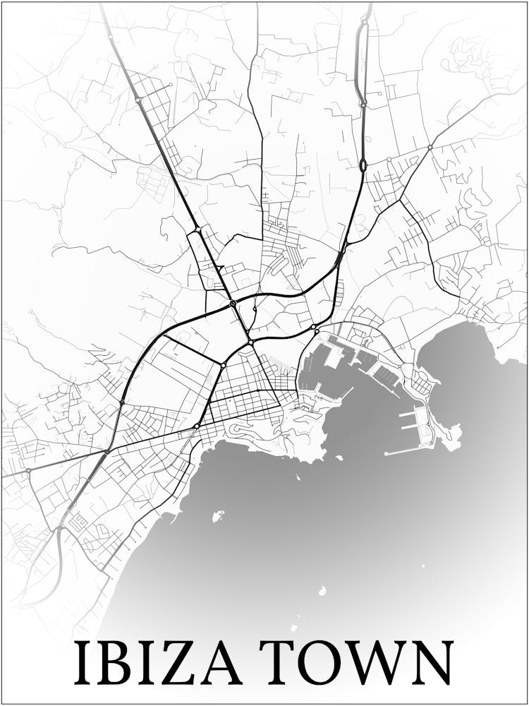 Ibiza Town, Balearic Islands, Spain, Stadtplan, Schwarz-Weiß-Verlaufsdesign