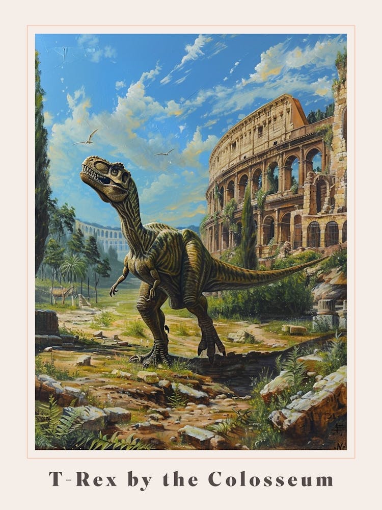 T Rex By The Colosseum Painting Poster