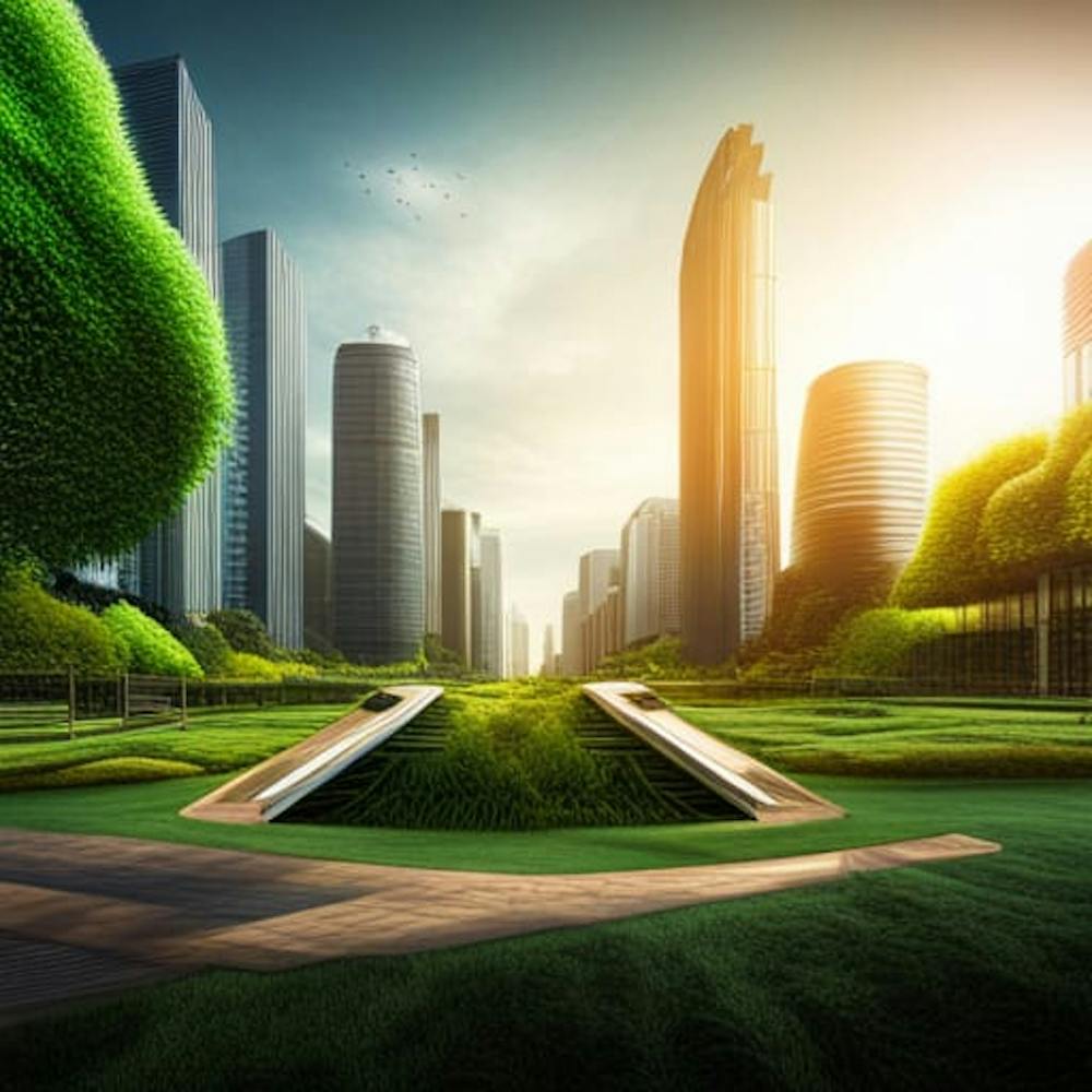 green garden in a central of futuristic city, year 2030