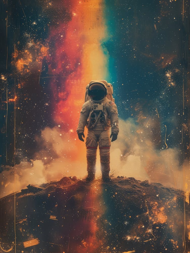 Space Odyssey: Retro Poster featuring Asteroids, Rockets, and Astronauts: Astronaut In Space 1