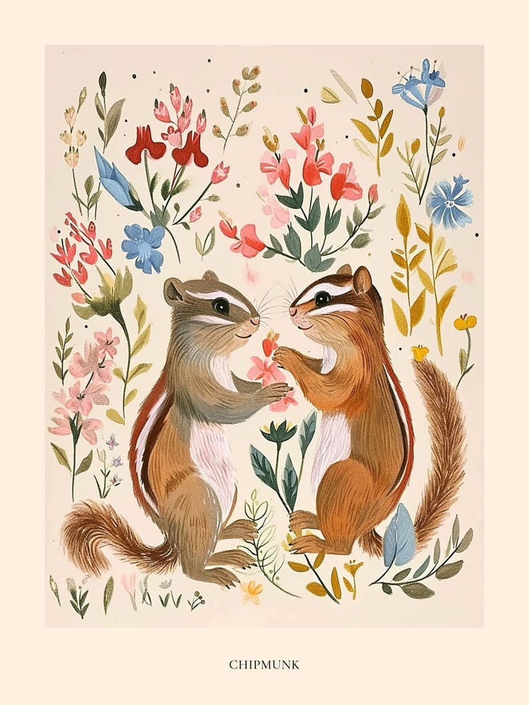 Folksy Floral Animal Drawing Chipmunk 2 Poster