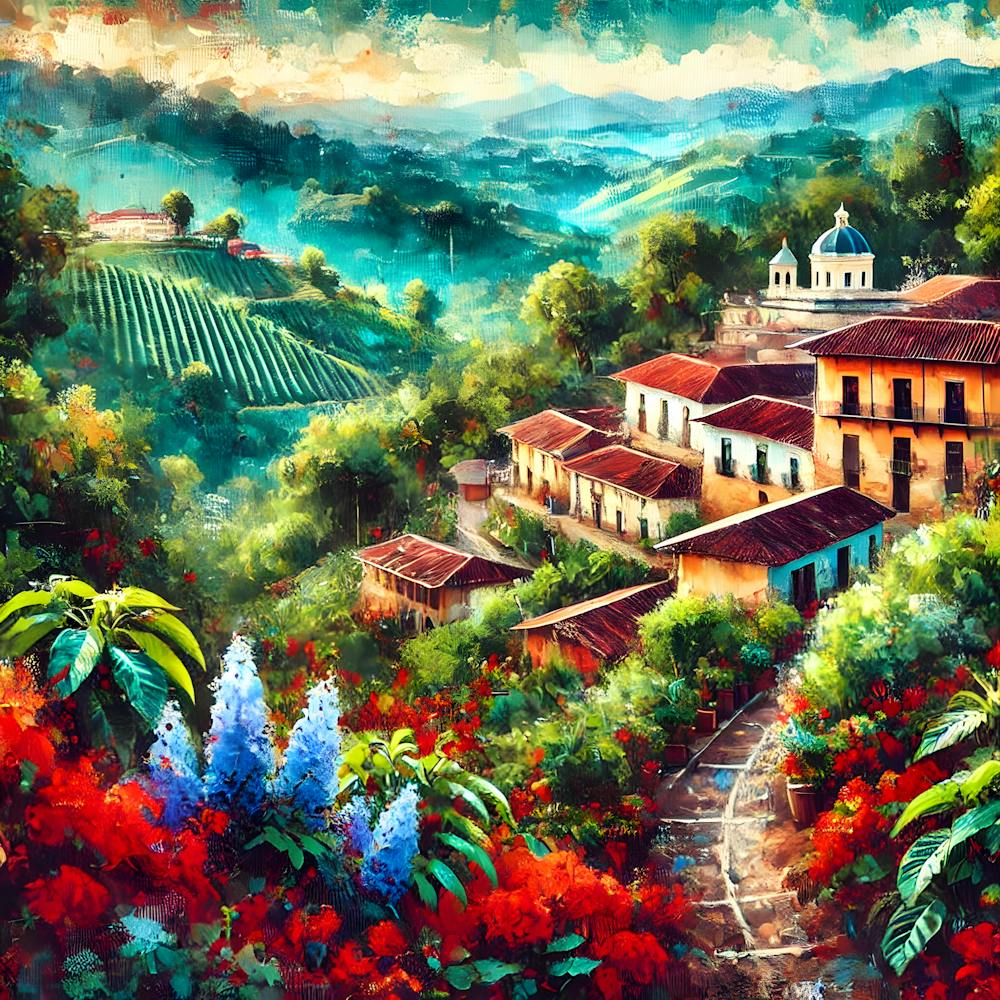 Vibrant Semiabstract Artwork Of The Ruta De Las Flores, El Salvador S Scenic Flower Route