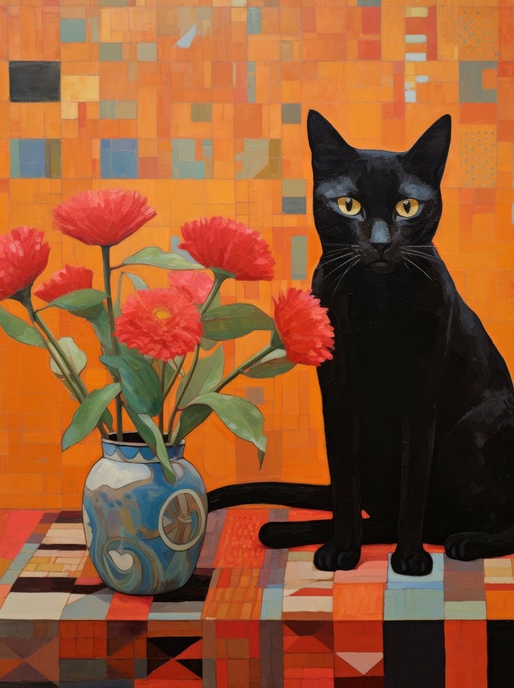 Black Cat With Red Flowers