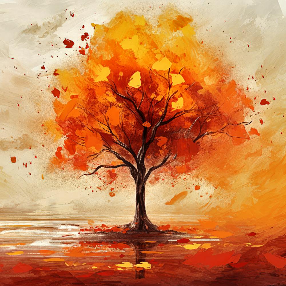 Beautiful Fall Colours Painting Lonely Autumn Tree