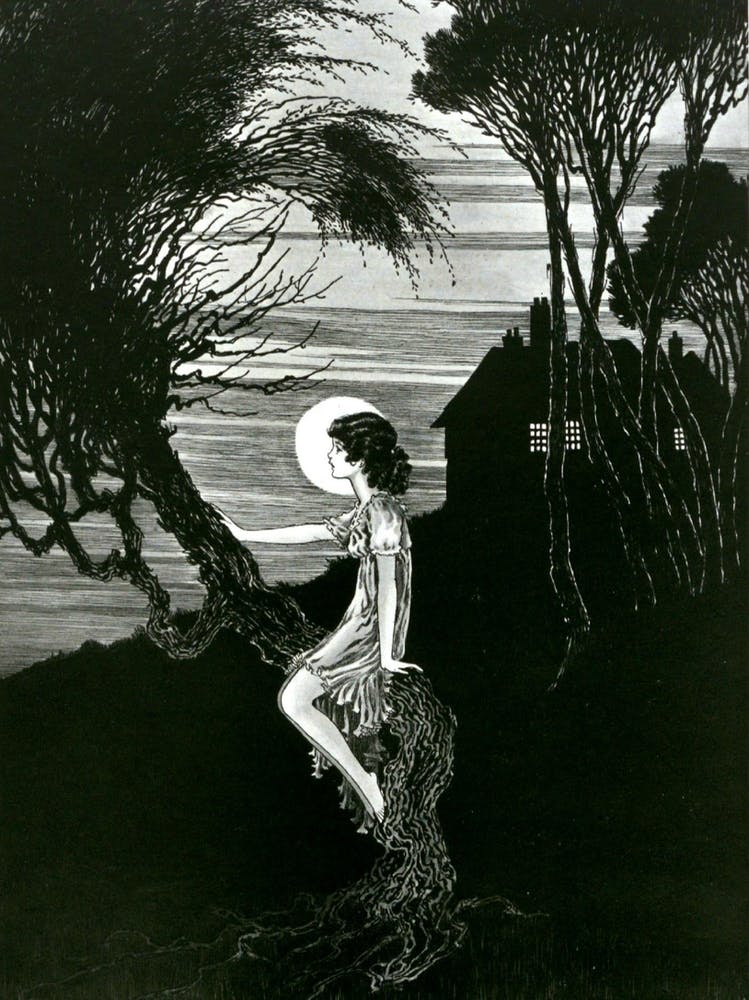 Moonrise - Wind in the Trees - Ida Rentoul Outhwaite 1919 - Fairycore Beautiful Remastered Fairies Illustration Vintage Cottagecore Witchcore Fairy Dreamy Fairytale
