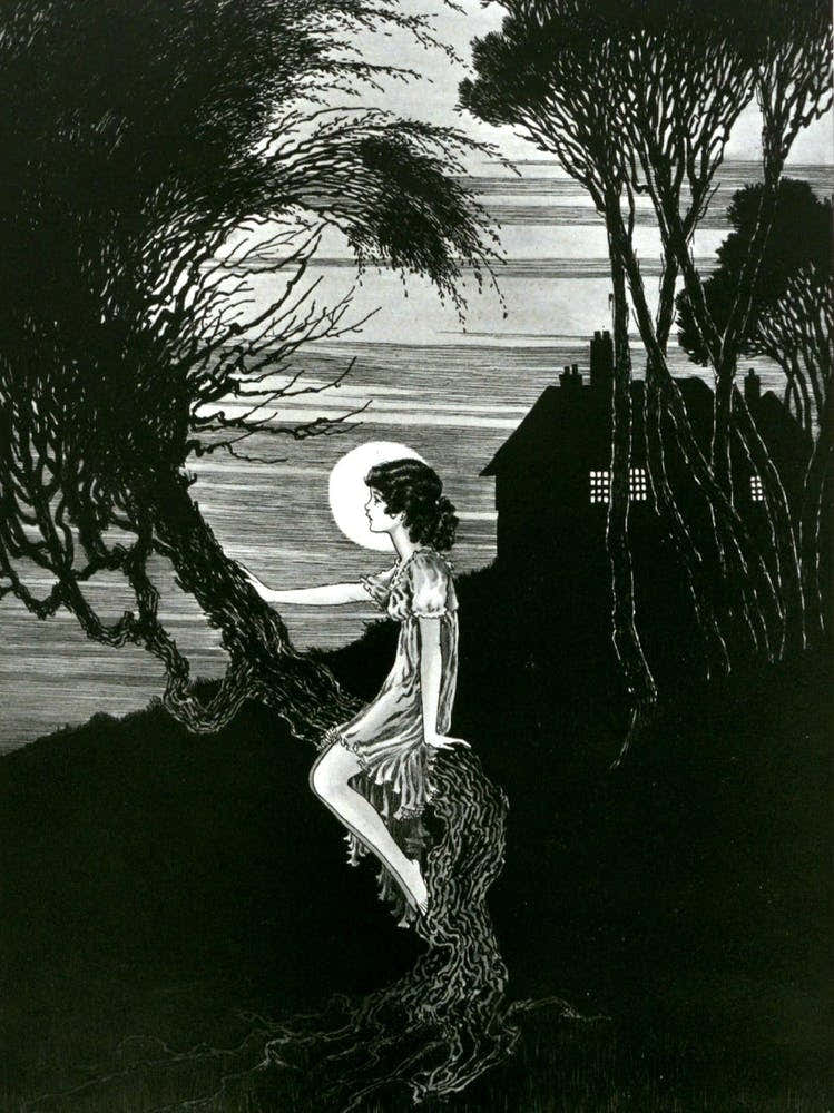 Moonrise - Wind in the Trees - Ida Rentoul Outhwaite 1919 - Fairycore Beautiful Remastered Fairies Illustration Vintage Cottagecore Witchcore Fairy Dreamy Fairytale