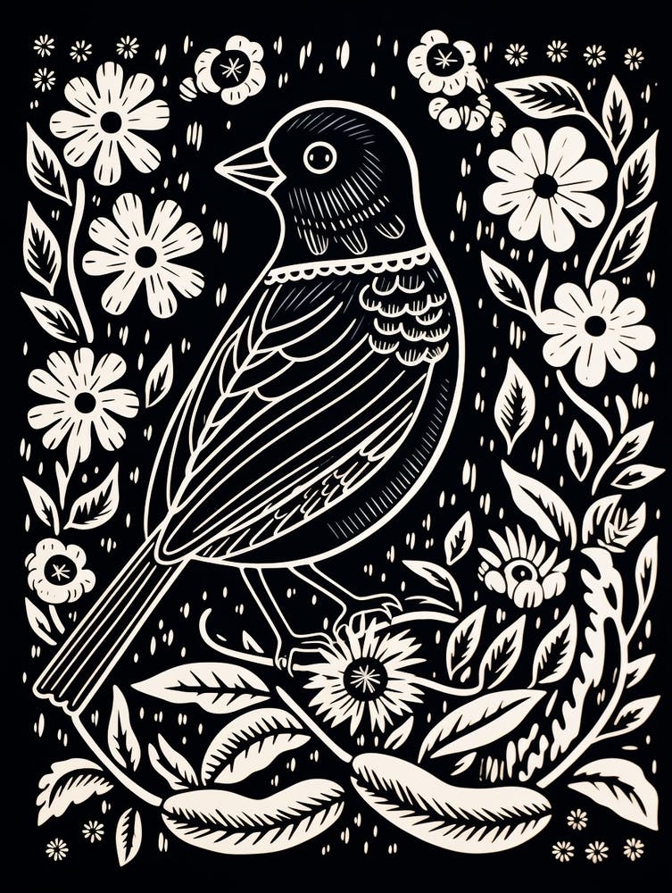 B&W Bird Linocut Cowbird 1