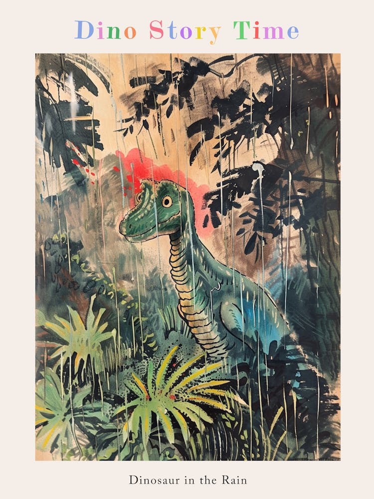 Dinosaur In The Rain Watercolour Illustration 2 Poster