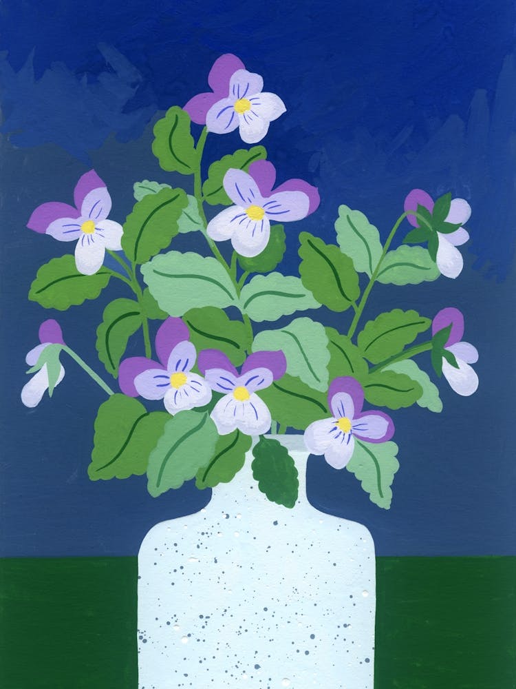 Pansies Blue Vase Gouache Painting