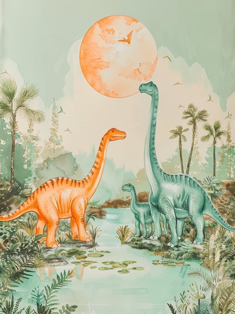 Dinosaur Family By The River Storybook Style Watercolour Painting