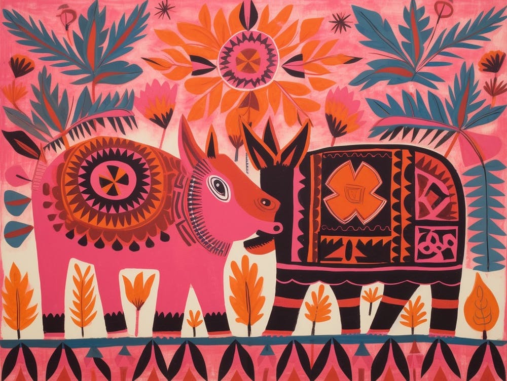 Rhinoceros 3 Folk Style Animal Illustration