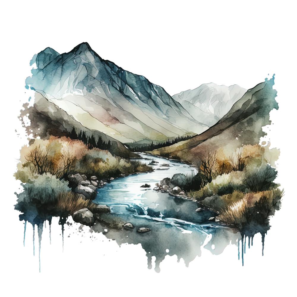 Watercolor Of Mountains And River