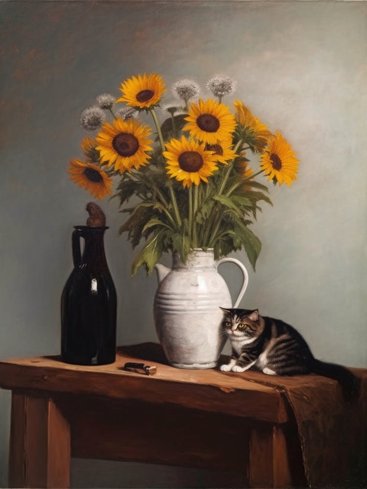 Painting Of A Still Life Of A Aster With A Cat, Realism 3