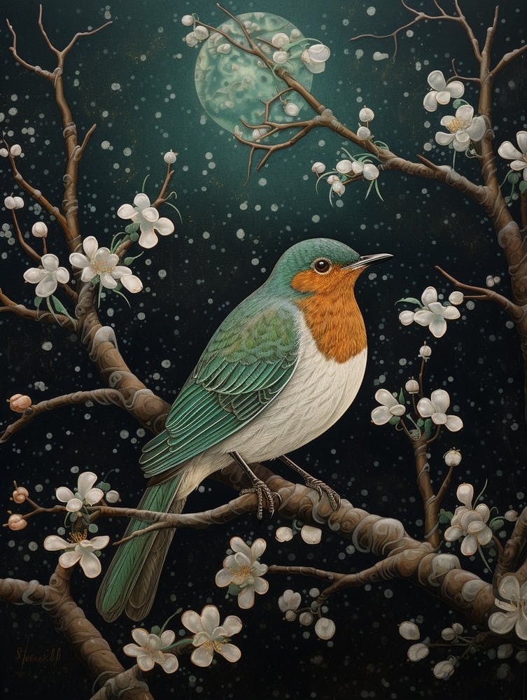 Ohara Koson Inspired Bird Painting European Robin 2
